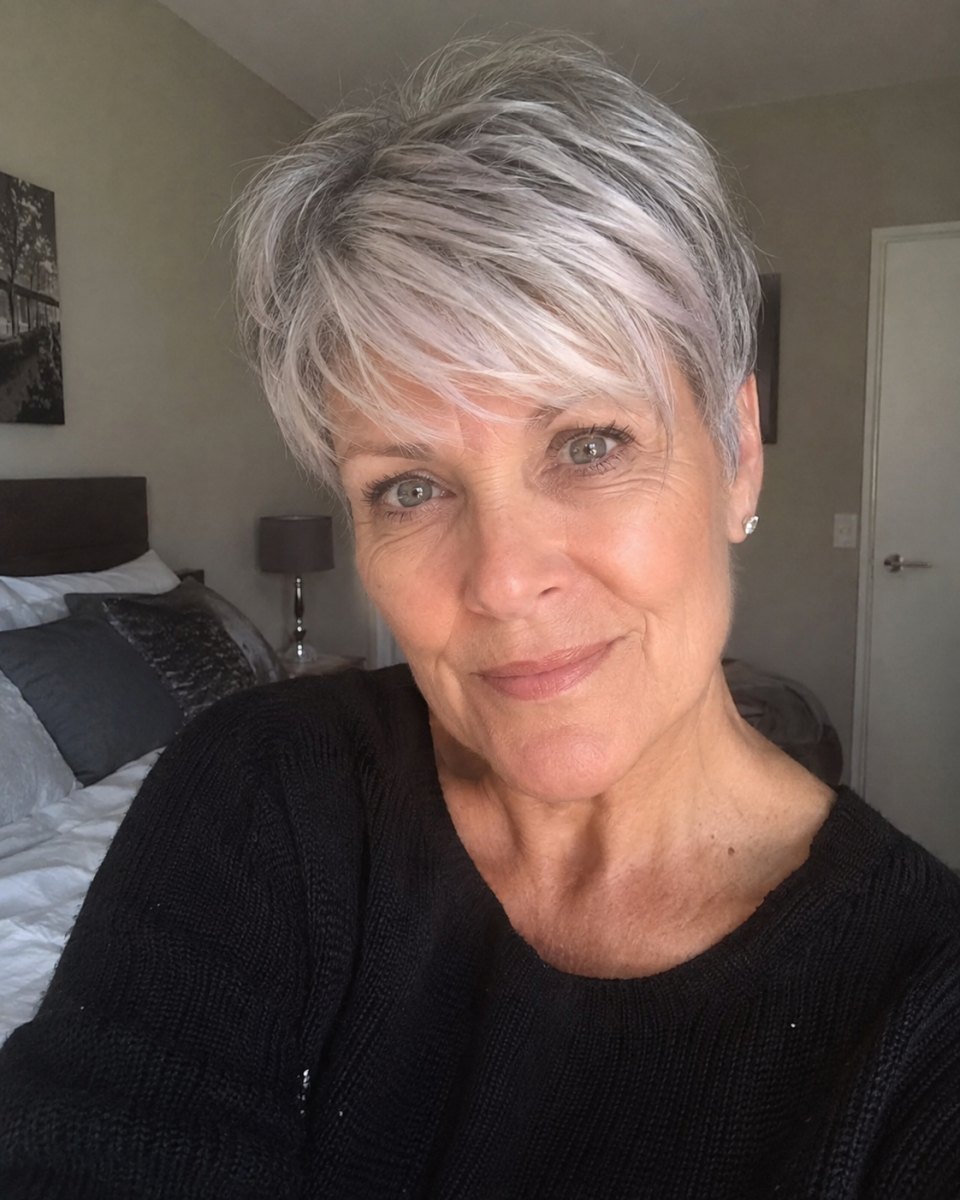 Silberner Pixie Cut für reife Frauen