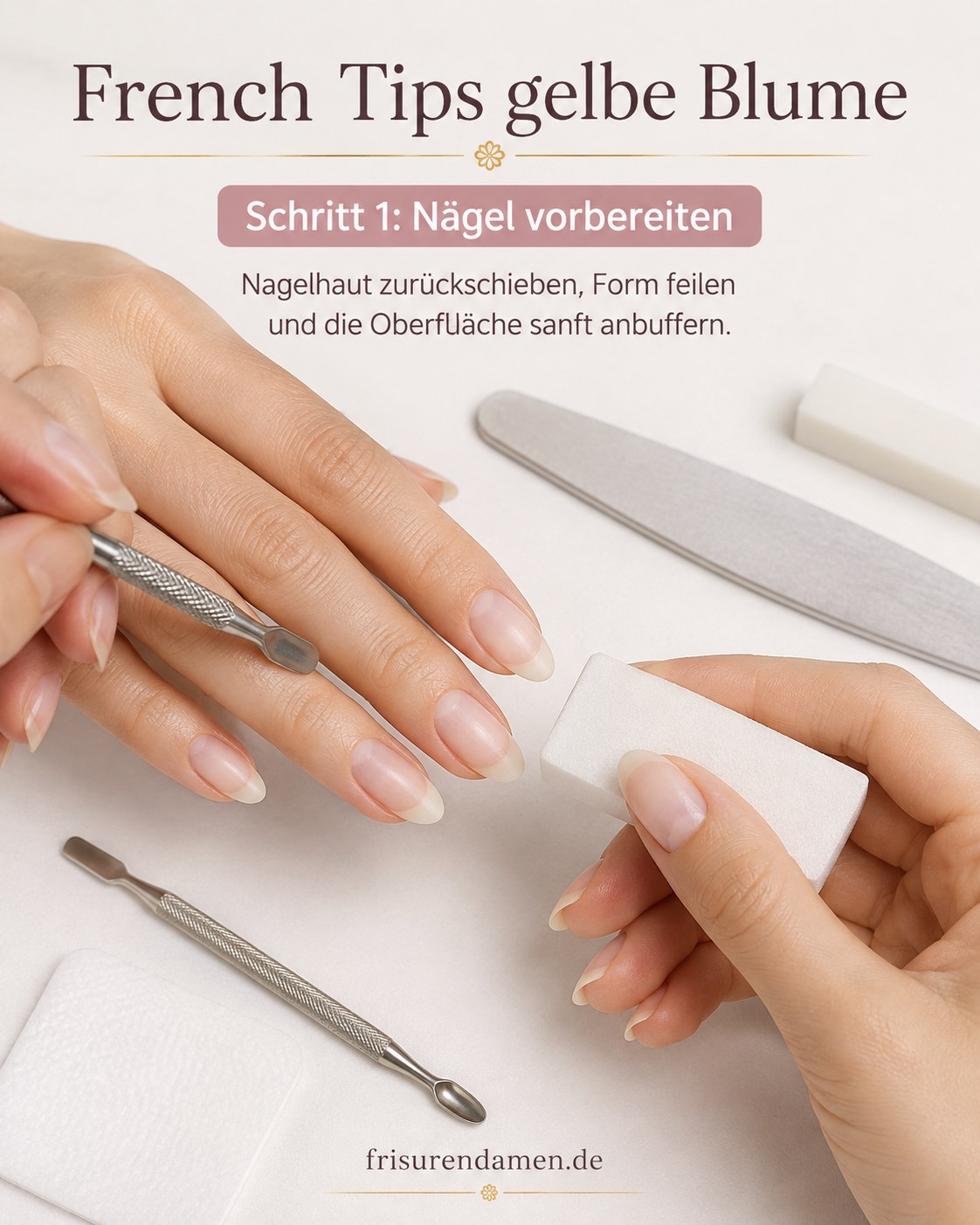 Nägel vorbereiten für French Tips gelbe Blume: Nagelhaut zurückschieben und Form feilen