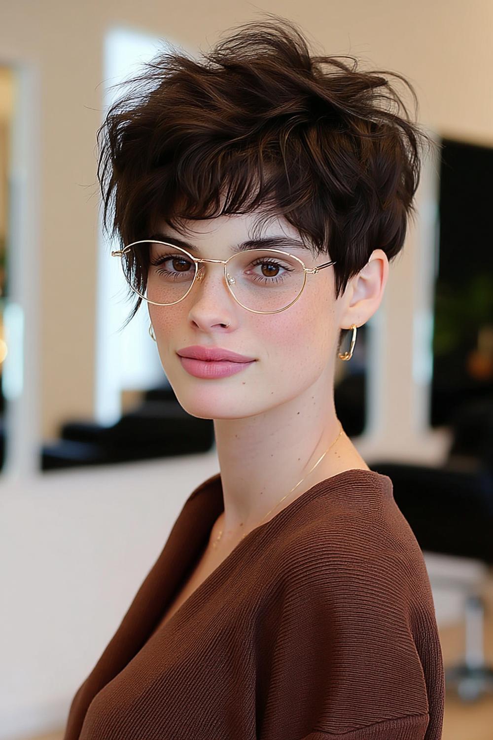 Retro-Brille und braune Locken