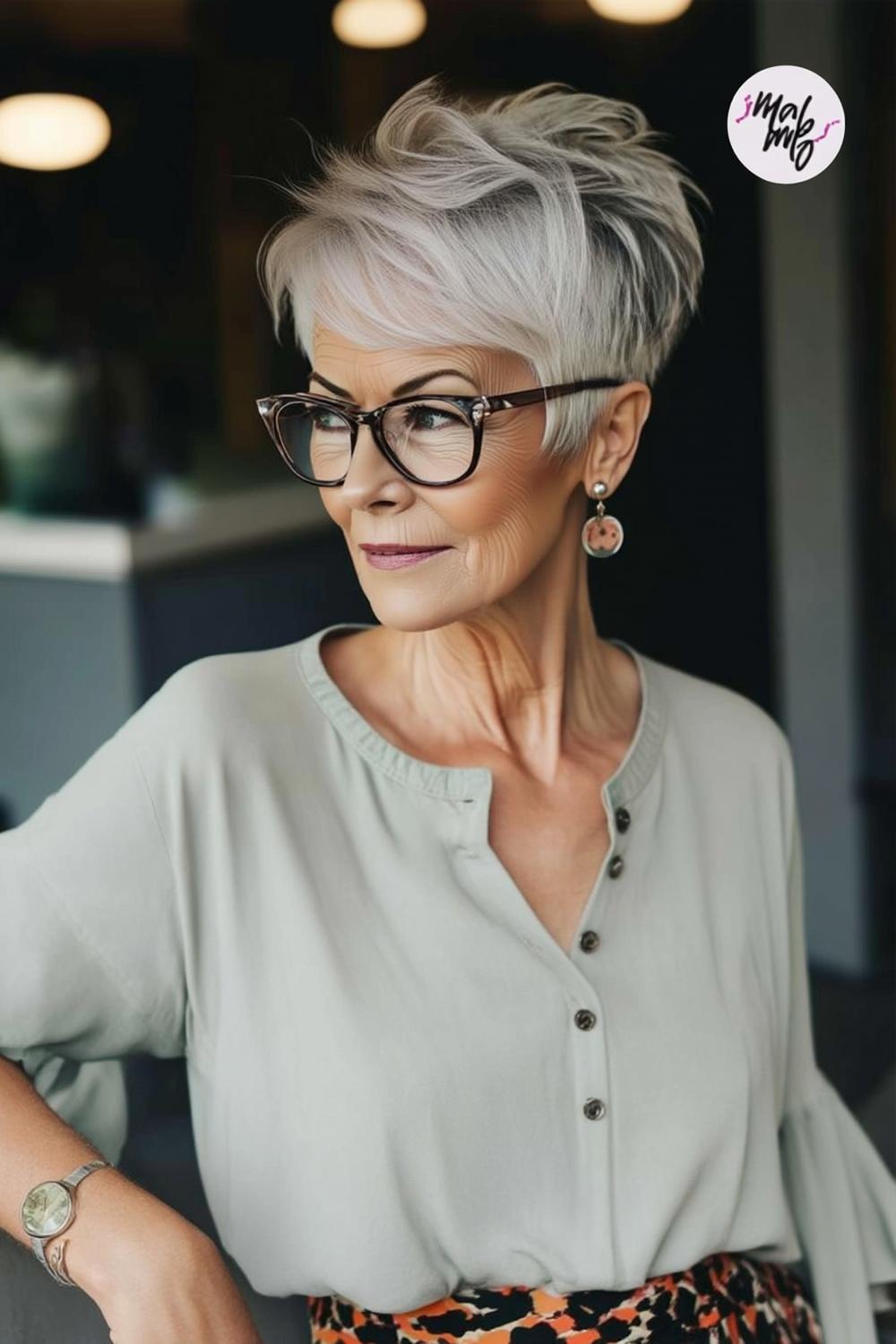Platinblonde Perfektion mit Brille