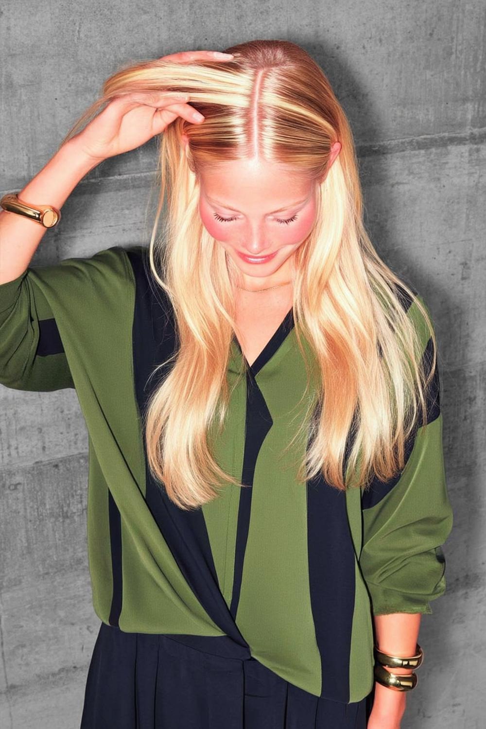Grün-schwarze Bluse mit blonden Strähnen