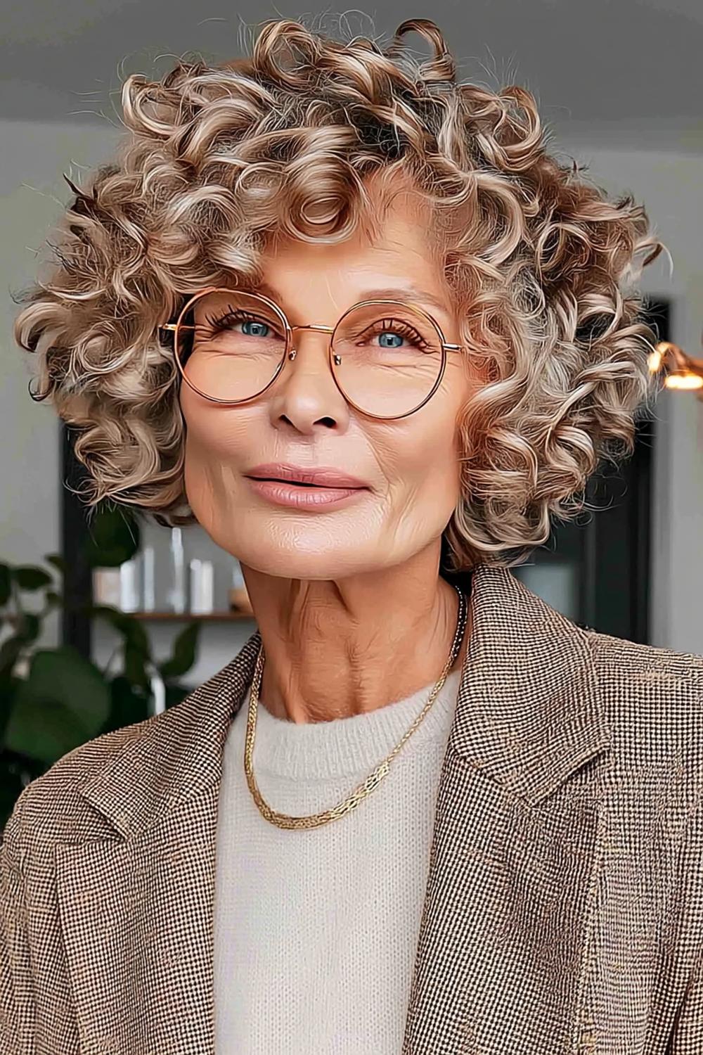 Kupferfarbene Locken mit Brille
