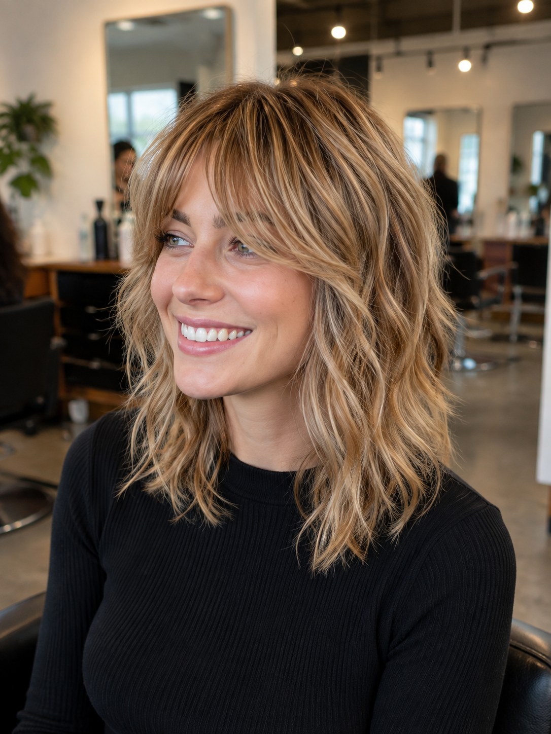 Gewellter Lob als Beispiel für Frisuren mittellang stufig mit Pony und seitlichem Bang
