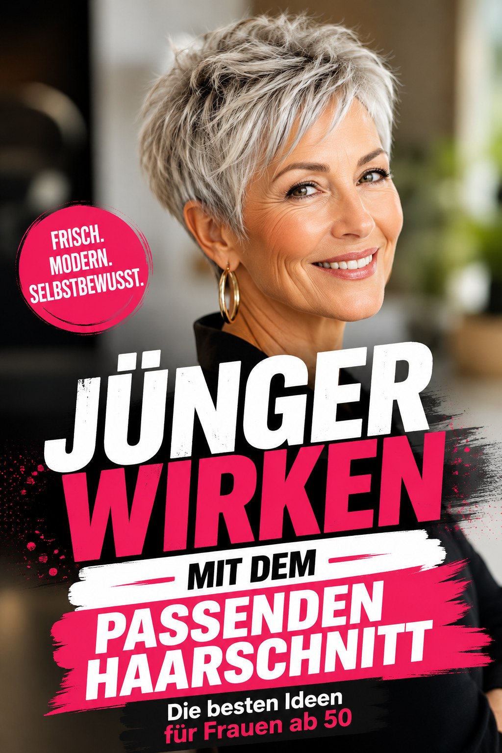 Kurzer grauer Pixie mit klaren Kanten, eine jünger wirkende Frisur für rundes Gesicht ab 50