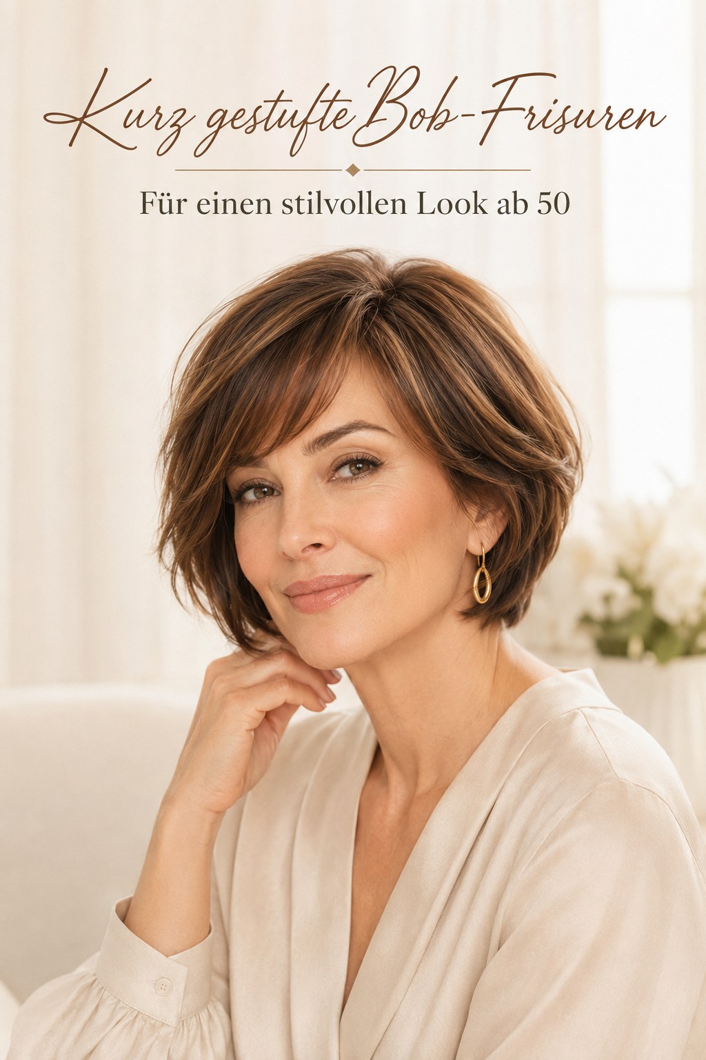 Brauner kurz gestufter Bob mit Seitenpony als elegante Frisur für rundes Gesicht ab 50