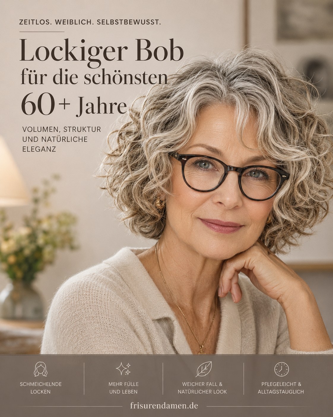 Lockiger Layered Bob für graue Haare ab 60 mit natürlicher Struktur und Fülle
