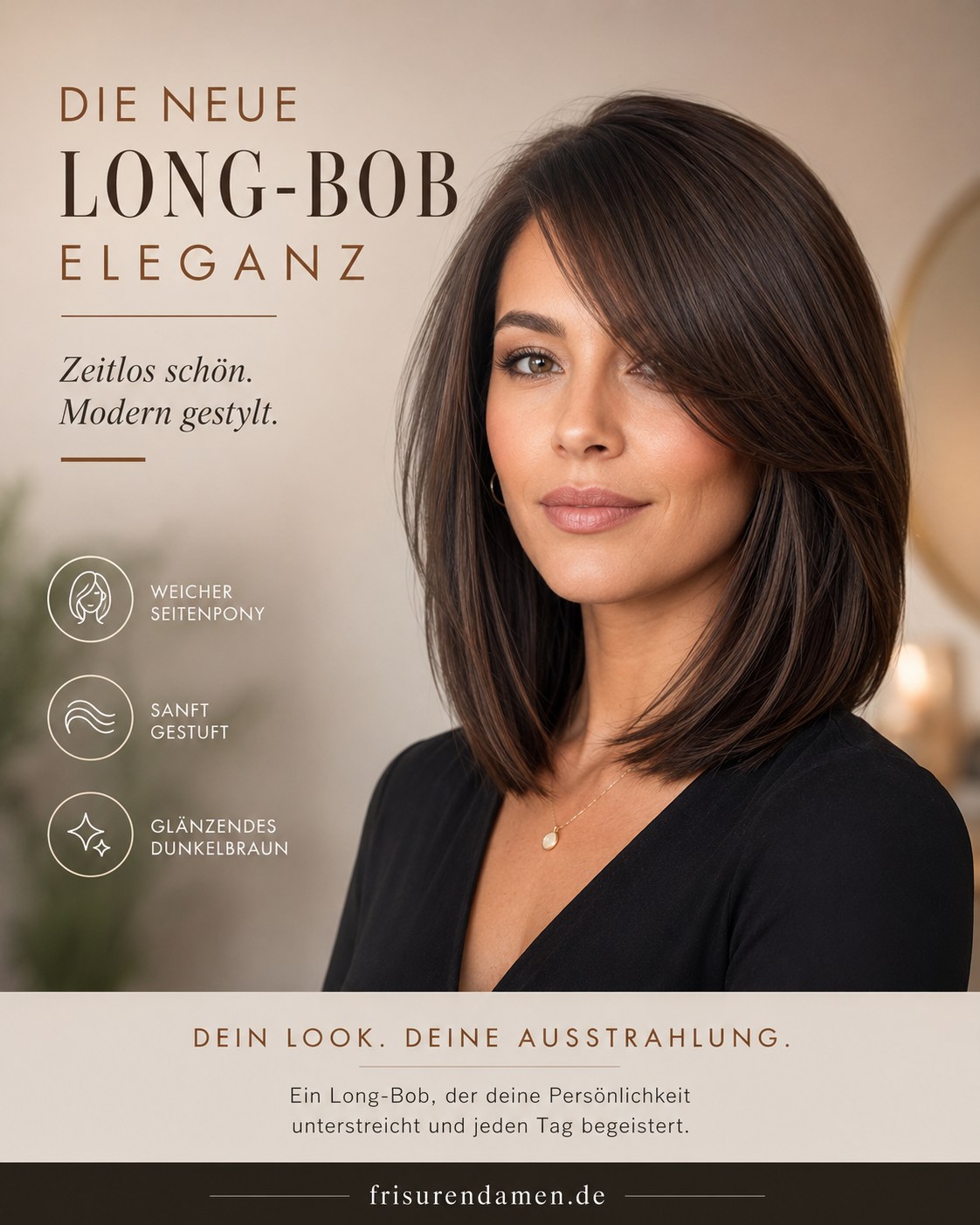 Eleganter Long-Bob mit Seitenpony und sanften Stufen in glänzendem Dunkelbraun
