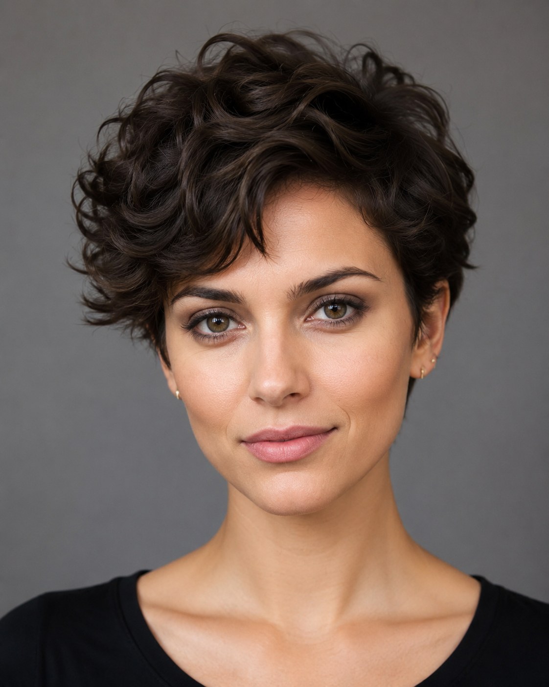 Voluminöser Curly-Pixie mit seitlichem Pony aus der Reihe lockiger Kurzhaarfrisuren ab 50