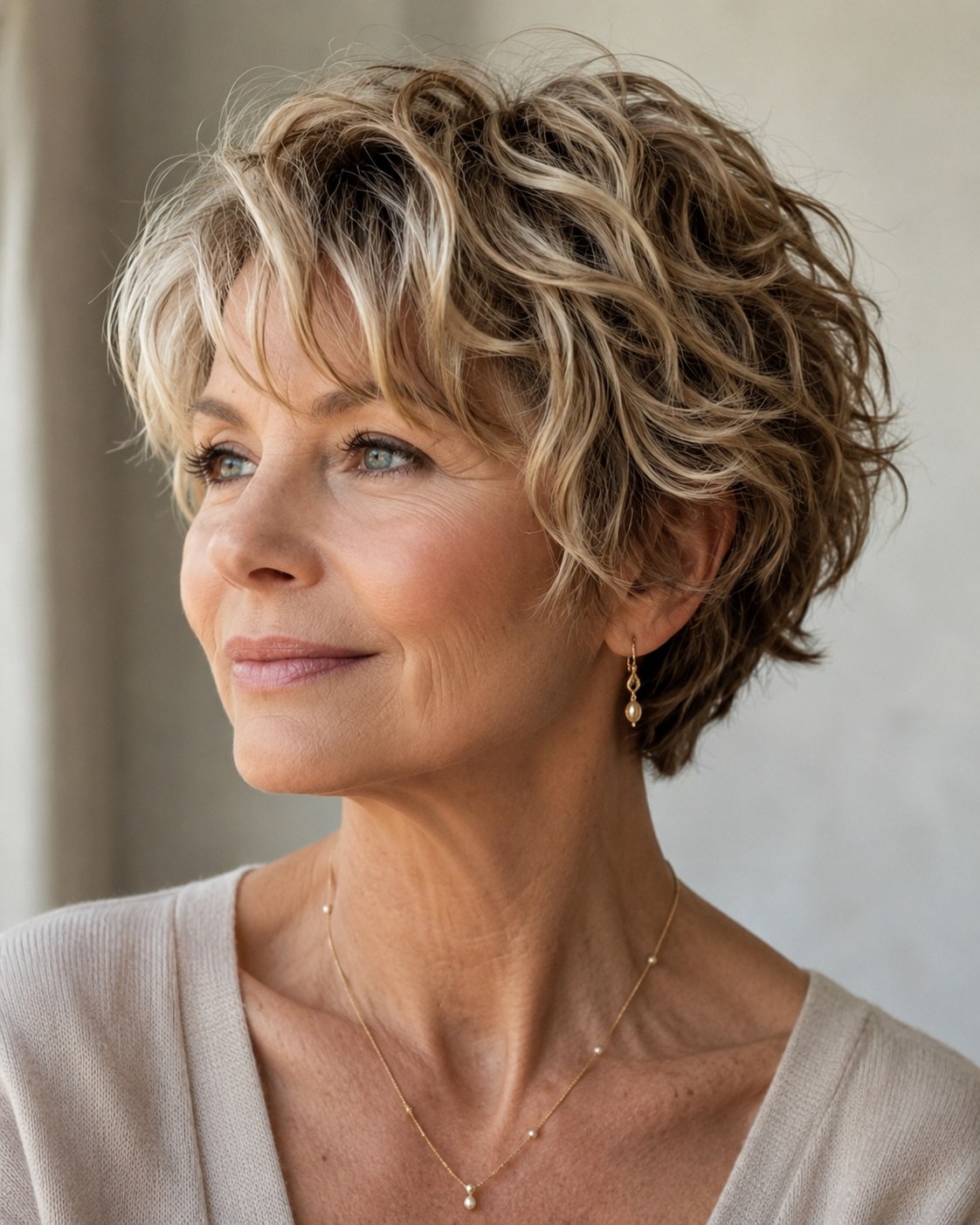 Blonder Shag-Pixie mit Strähnchen, warme Variante lockiger Kurzhaarfrisuren ab 50