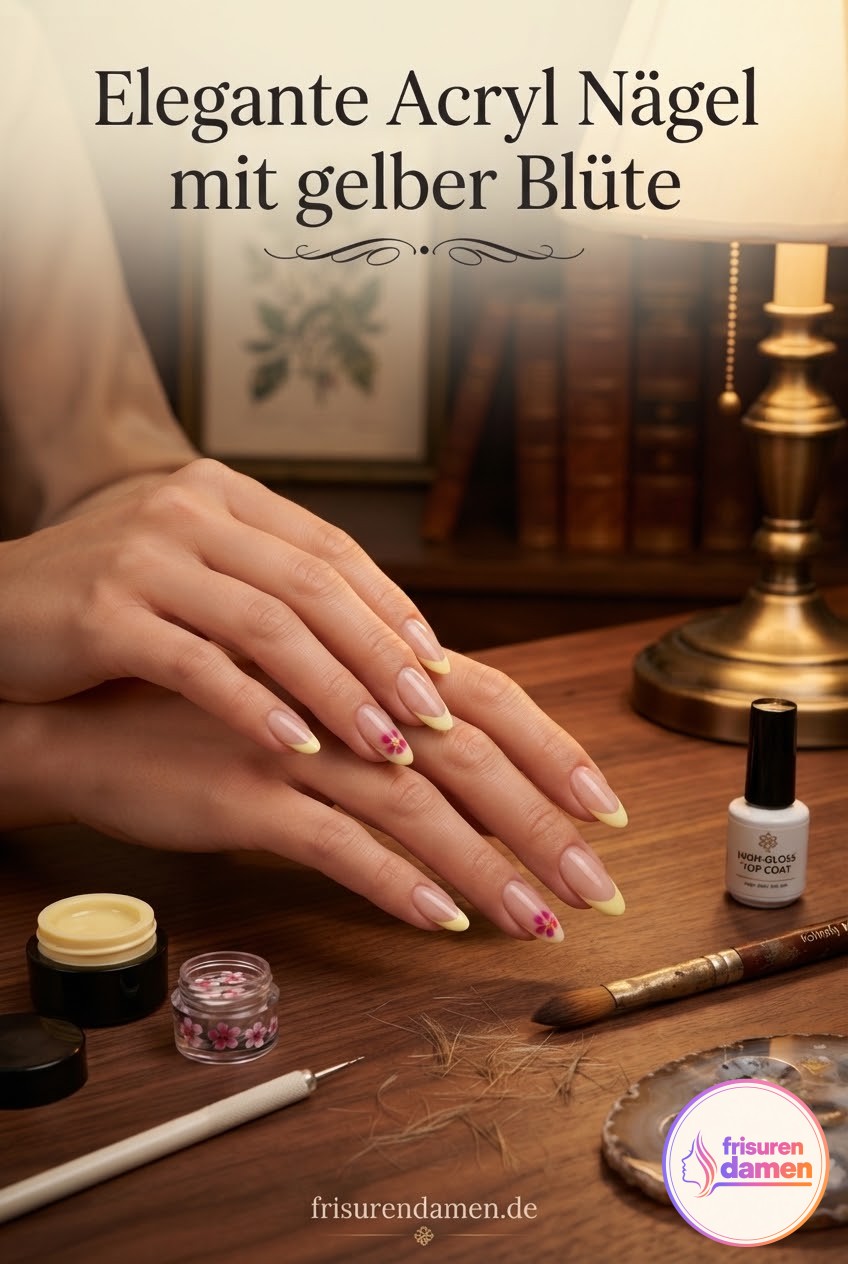 Elegante Acryl Nägel mit gelber Blüte