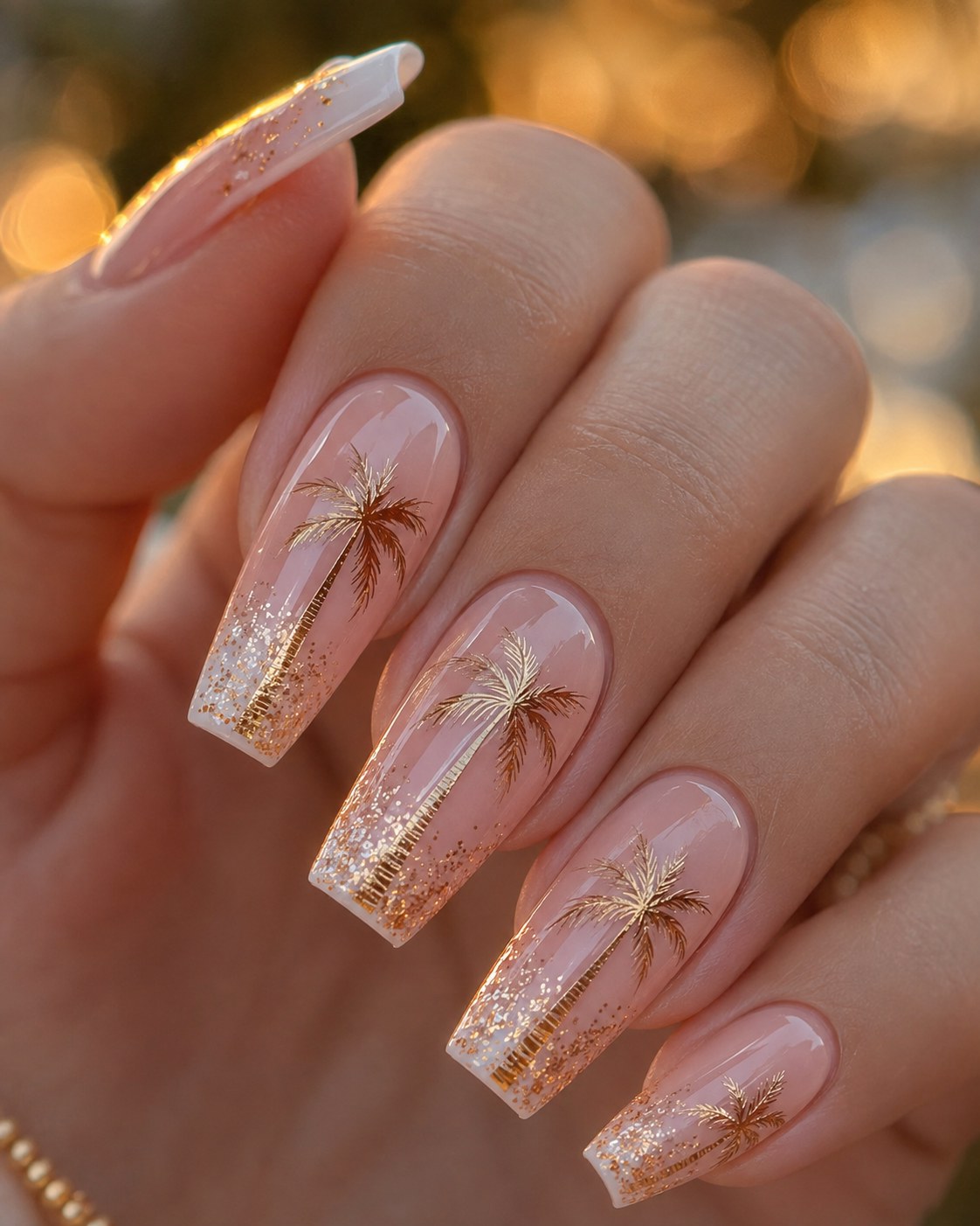 Lange Ballerina-Nägel mit Glitzer-Ombré und goldenen Palmen für den Sommer Nägel 2026 Urlaubslook